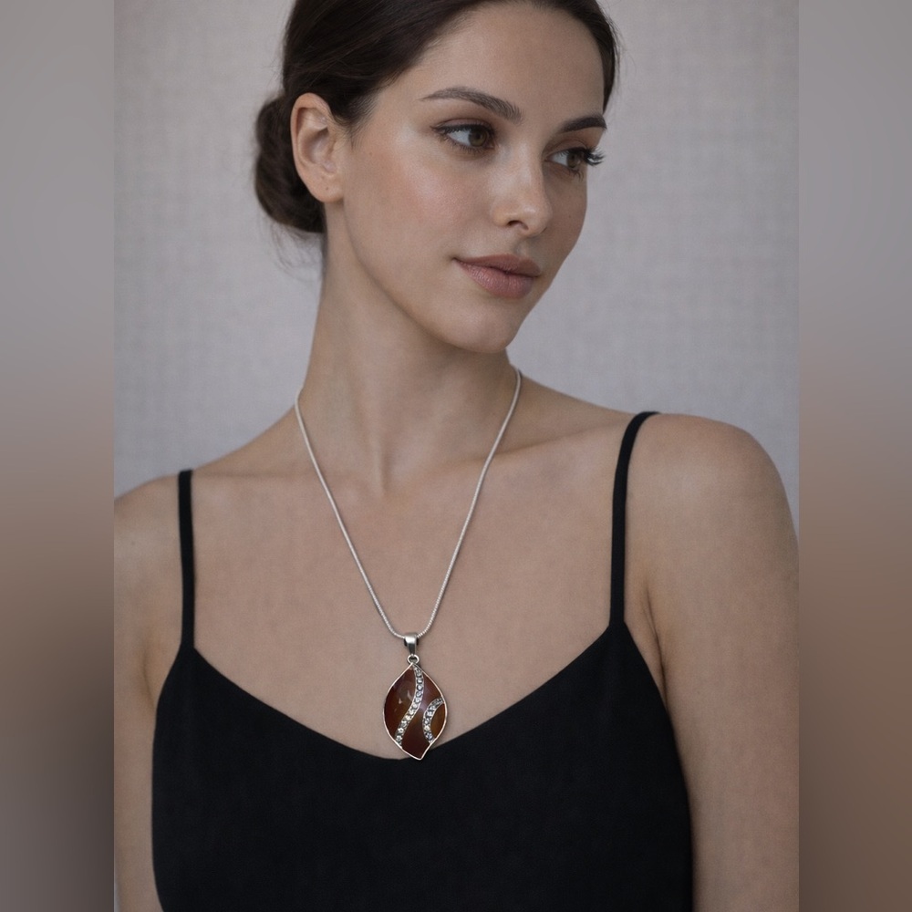 Brown & Silver Leaf Pendant Necklace | Rhinestone Accent